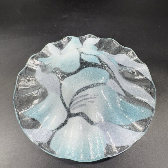Sydenstricker Bowl Dish Fused Art Glass Ruffled Clear Blue Flowers VTG Signed - Picture 9 of 13